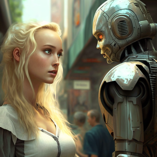 gorgeous young blonde woman talking to a robot